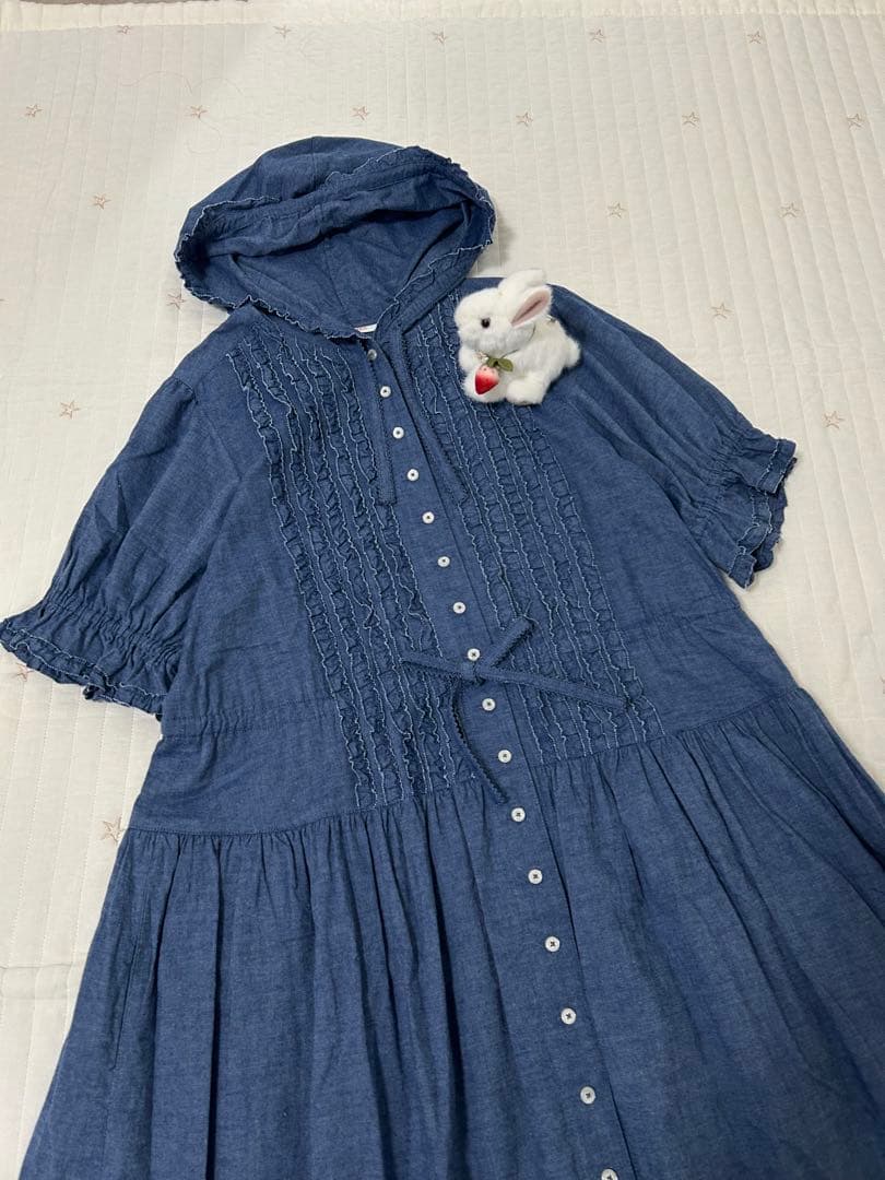 ピンクハウス　カントリー　ワンピース　半袖　デニム風　ピコフリル　フード