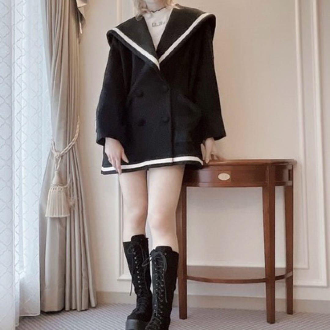 【 リルリリー 】　黒　セーラー　ウール混　コート　刺繍　ブラック　ガーリー