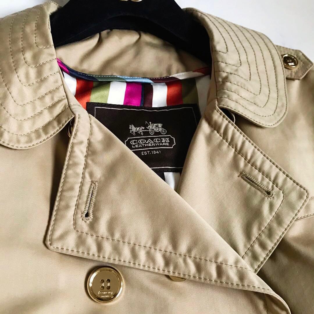 金ボタン✨COACH コーチ トレンチコート 裏地マルチカラーストライプ