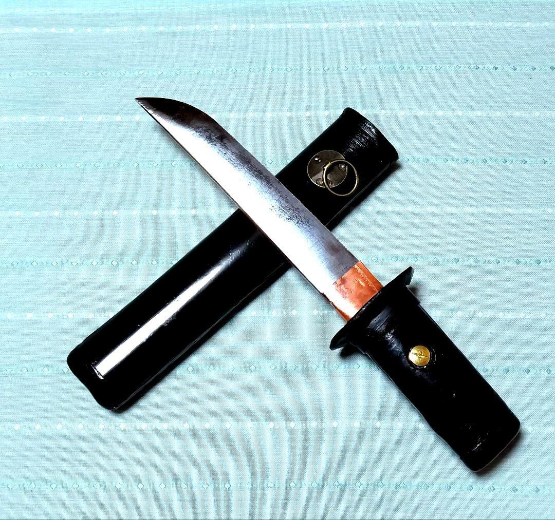 日本刀残欠カスタムナイフ　玉鋼　　黒光沢　和風装飾仕上げ　御守 工作
