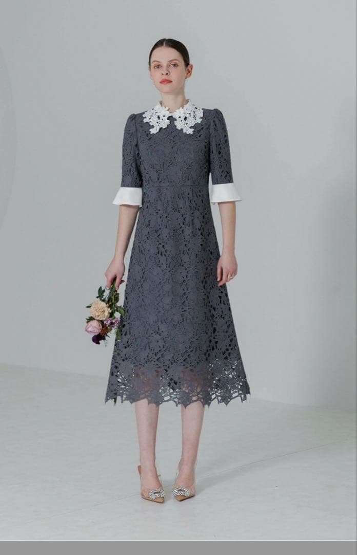 【LEJA】花柄レースカラースパンコールAラインワンピースドレス 結婚式