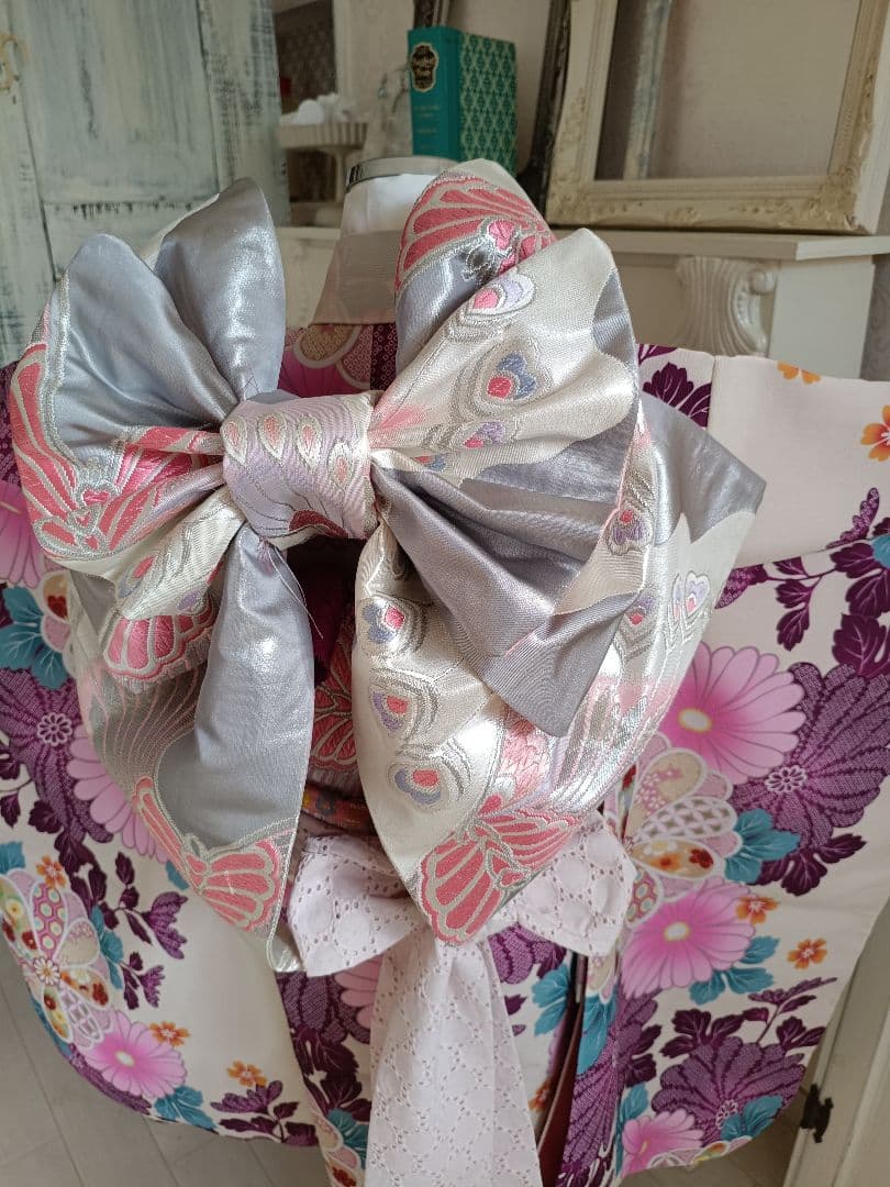 新品着物☆クリーム色大きな花模様☆作り帯フルセット