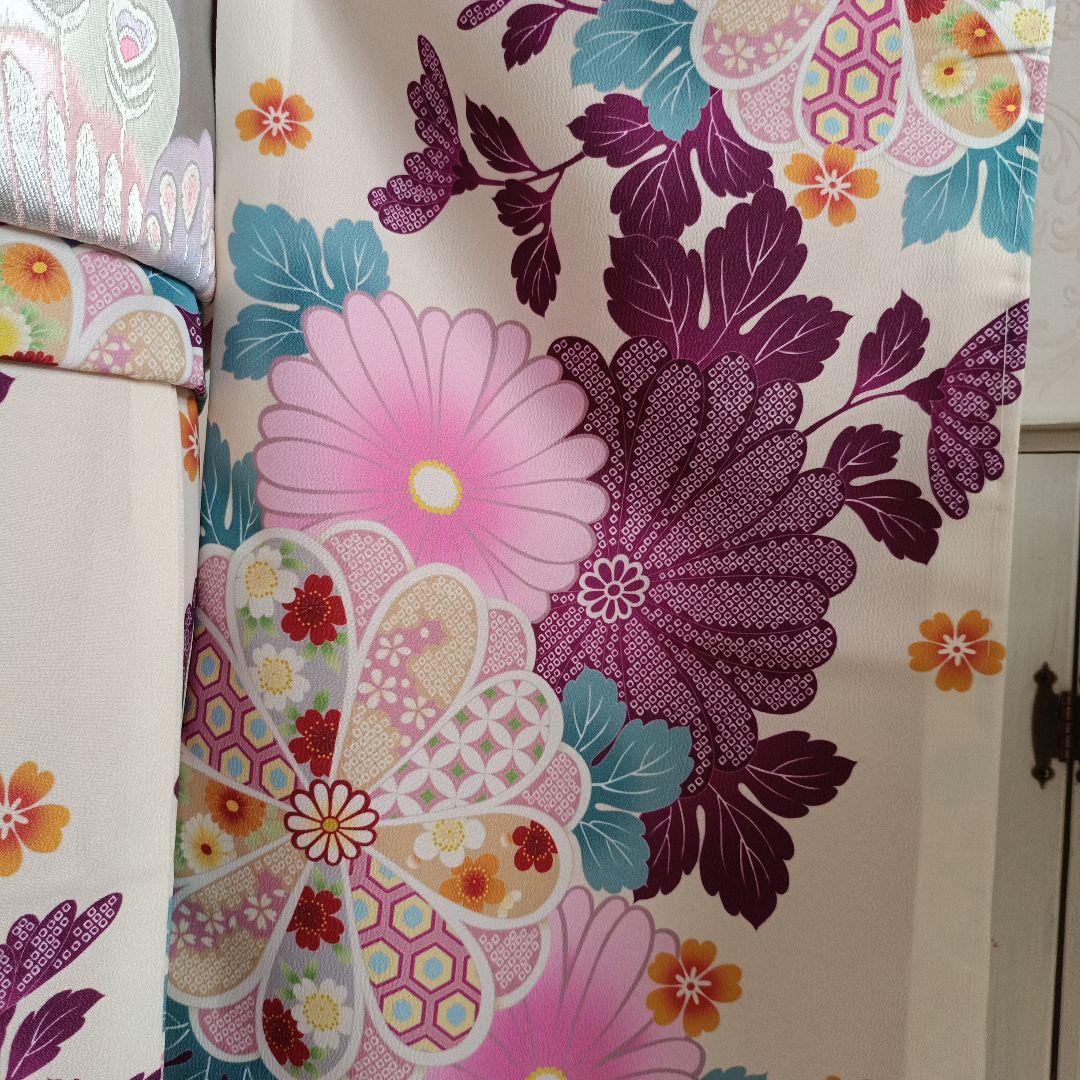 新品着物☆クリーム色大きな花模様☆作り帯フルセット
