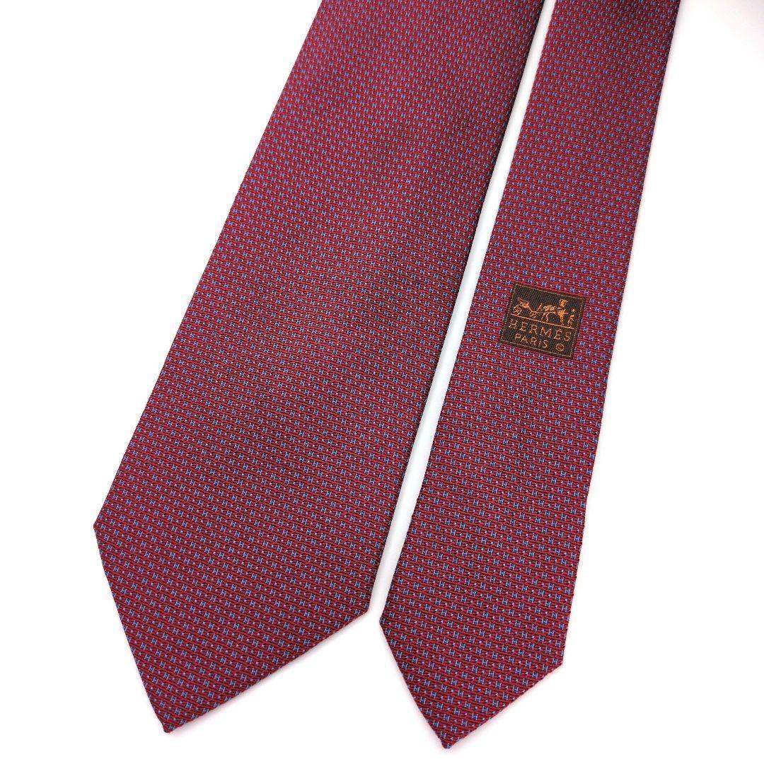 【フランス製】エルメス ネクタイ レッド マイクロH柄 ジャガード 光沢 高級