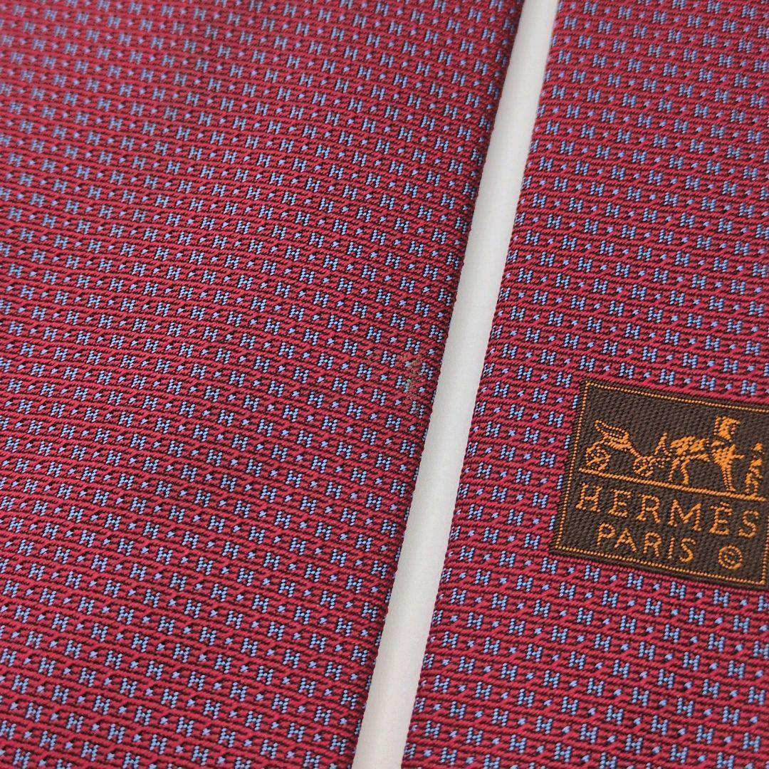【フランス製】エルメス ネクタイ レッド マイクロH柄 ジャガード 光沢 高級
