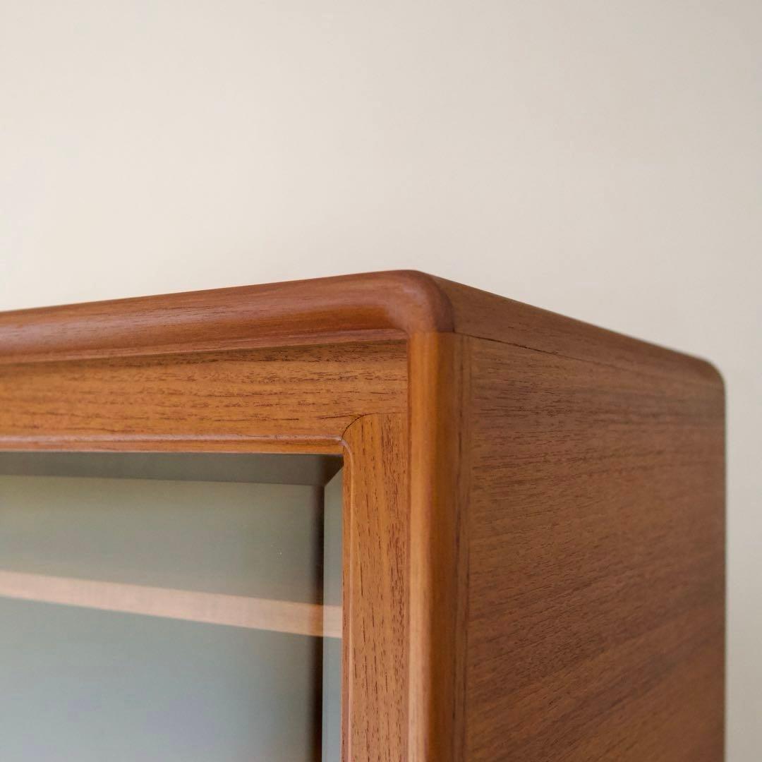 日田工芸 チーク材 食器棚 ガラスキャビネット 面取りガラス 引戸 80年代