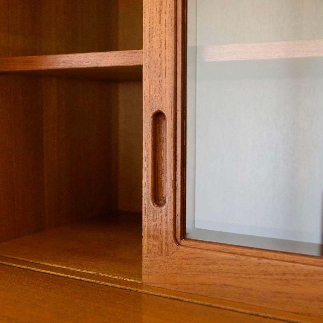 日田工芸 チーク材 食器棚 ガラスキャビネット 面取りガラス 引戸 80年代