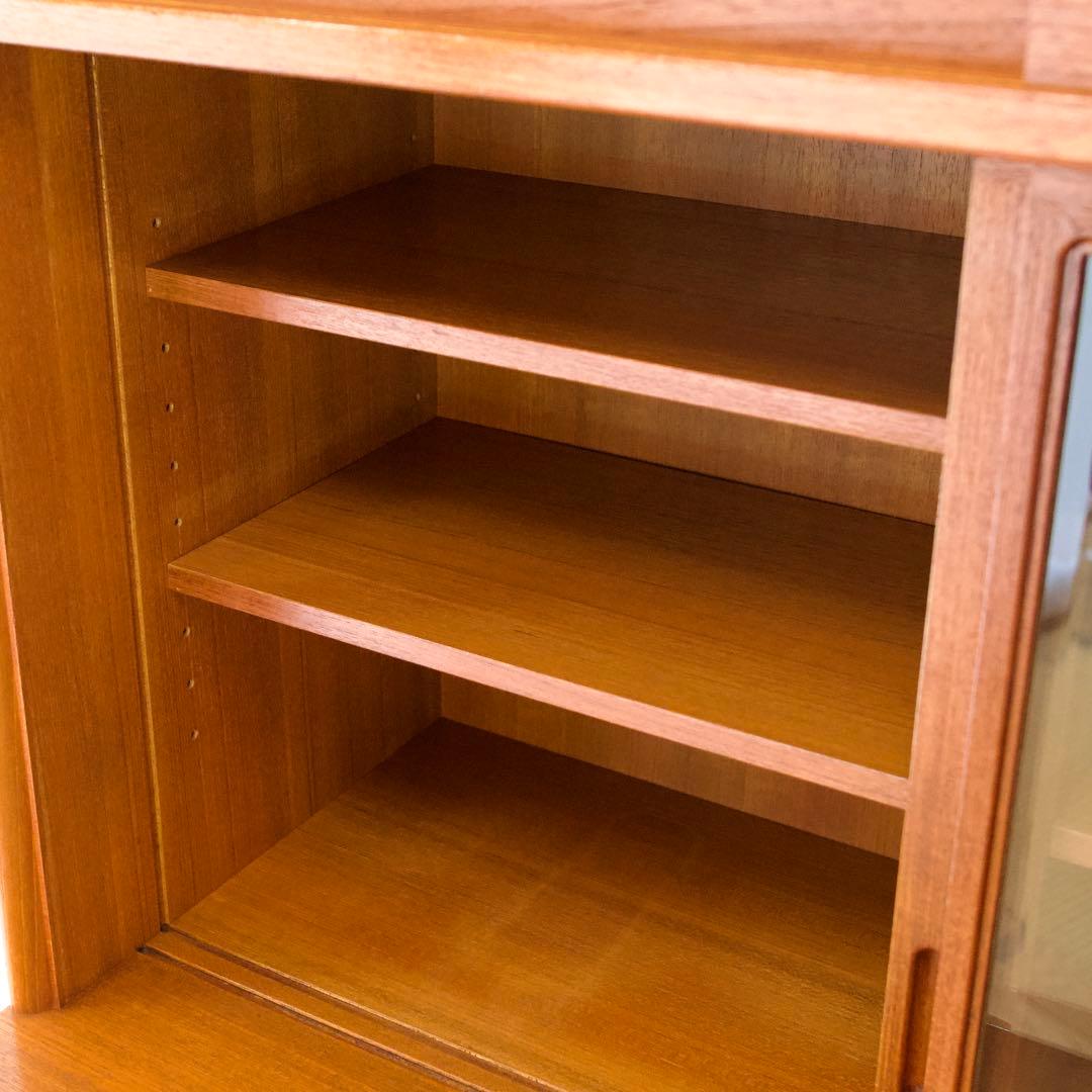 日田工芸 チーク材 食器棚 ガラスキャビネット 面取りガラス 引戸 80年代