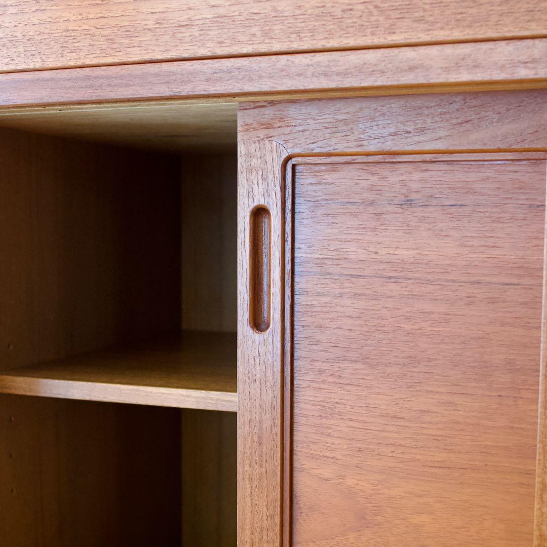 日田工芸 チーク材 食器棚 ガラスキャビネット 面取りガラス 引戸 80年代