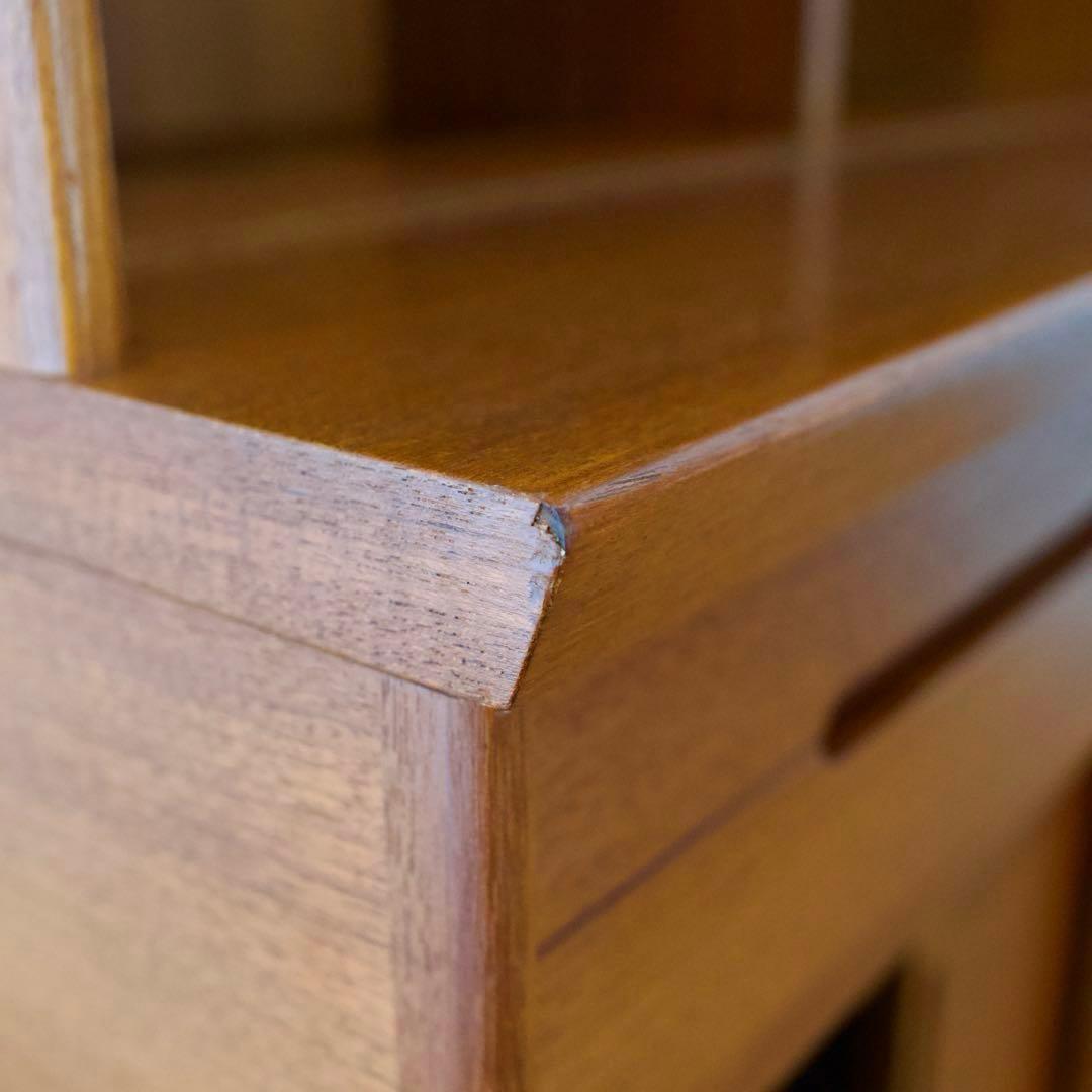 日田工芸 チーク材 食器棚 ガラスキャビネット 面取りガラス 引戸 80年代