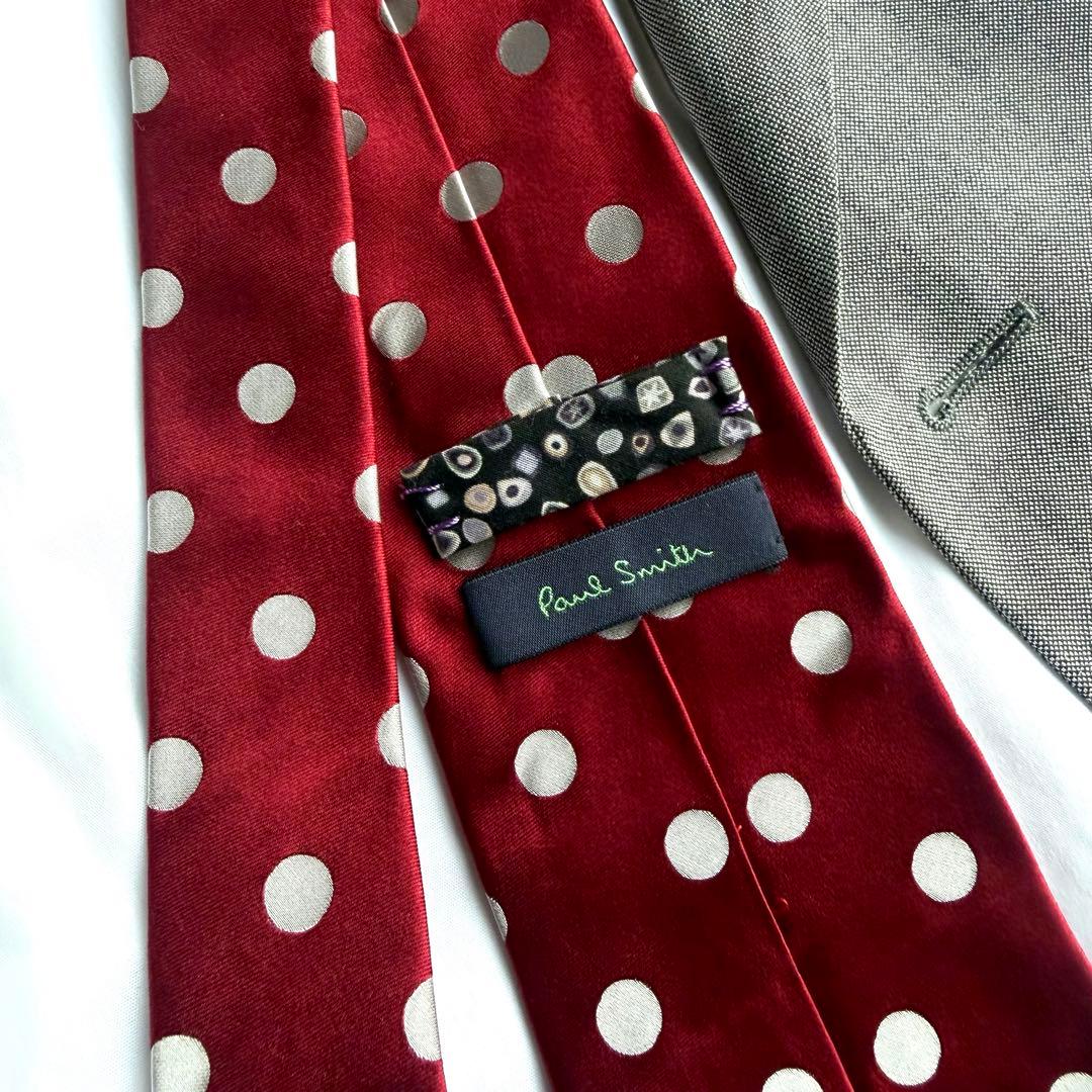 【美品】 ポールスミス 高級 ネクタイ ドット レッド グレー シルク 日本製