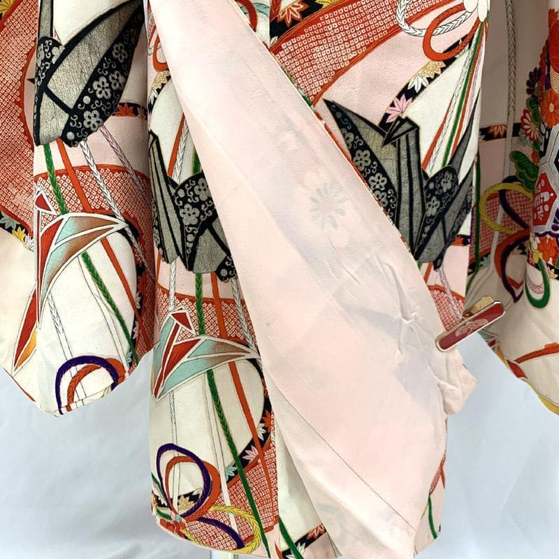 405ag53■七五三 七歳 女児 アンティーク着物＆丸帯 薬玉文 折り鶴■