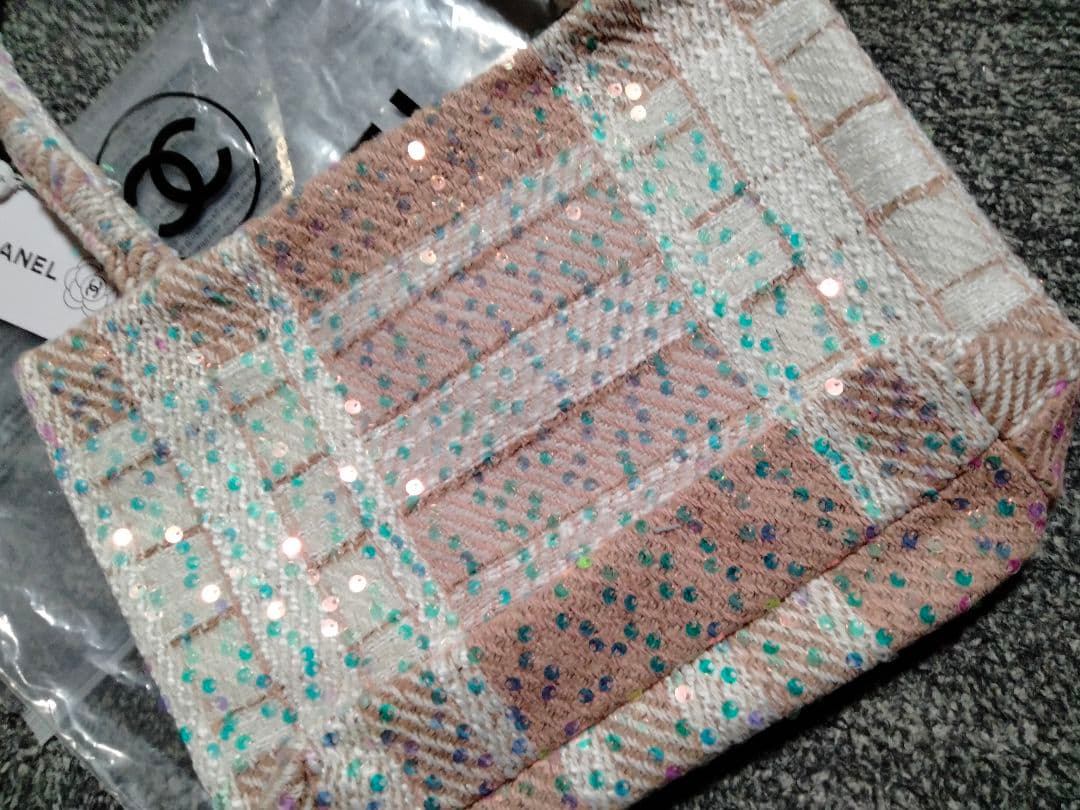 CHANEL ノベルティ ツイード スパンコール トートバッグ ピンクベージュ