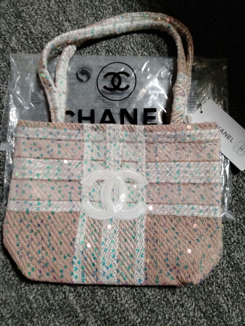 CHANEL ノベルティ ツイード スパンコール トートバッグ ピンクベージュ