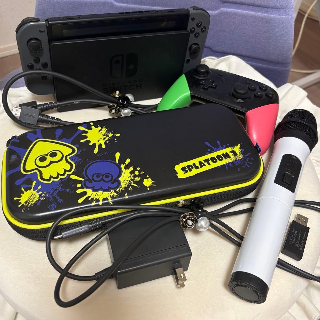 【4点セット】①Switch本体 ②ケース ③純正品プロコン ④ワイヤレスマイク