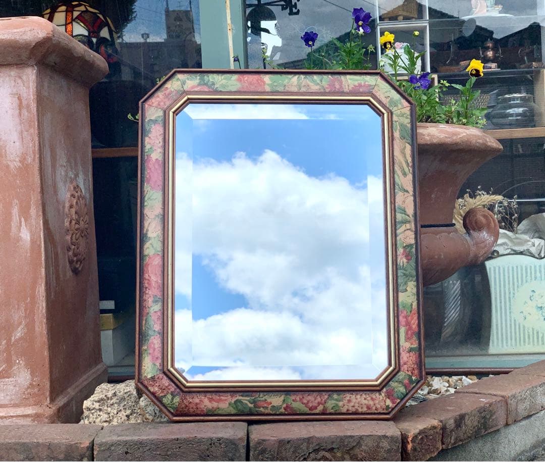 イタリア製 八角ミラー ウォールミラー 鏡 壁掛け 木製 花柄 面取り