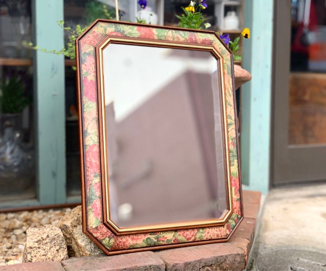 イタリア製 八角ミラー ウォールミラー 鏡 壁掛け 木製 花柄 面取り