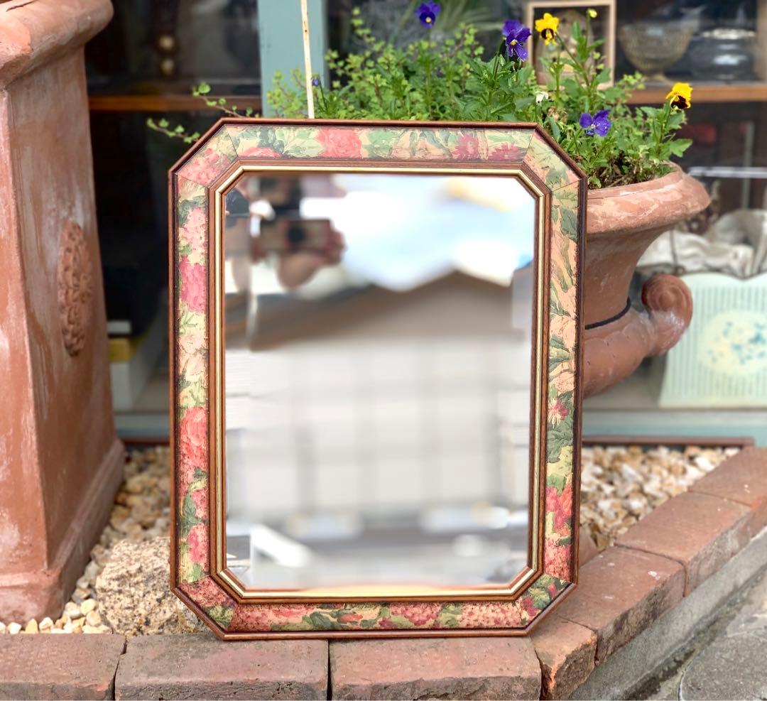 イタリア製 八角ミラー ウォールミラー 鏡 壁掛け 木製 花柄 面取り