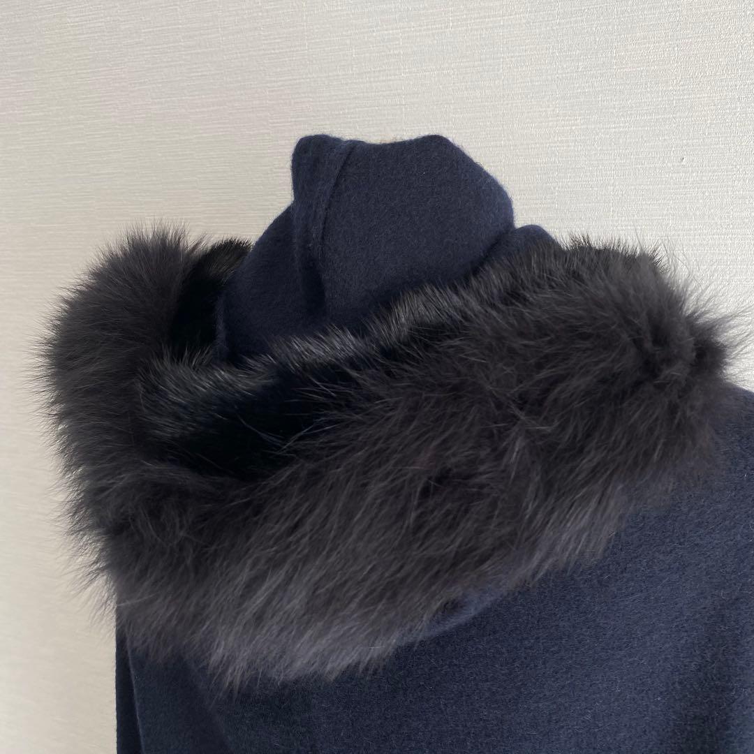 未使用 ティエドゥール ミンク＆フォックス トリミング カシミヤ フード付ケープ