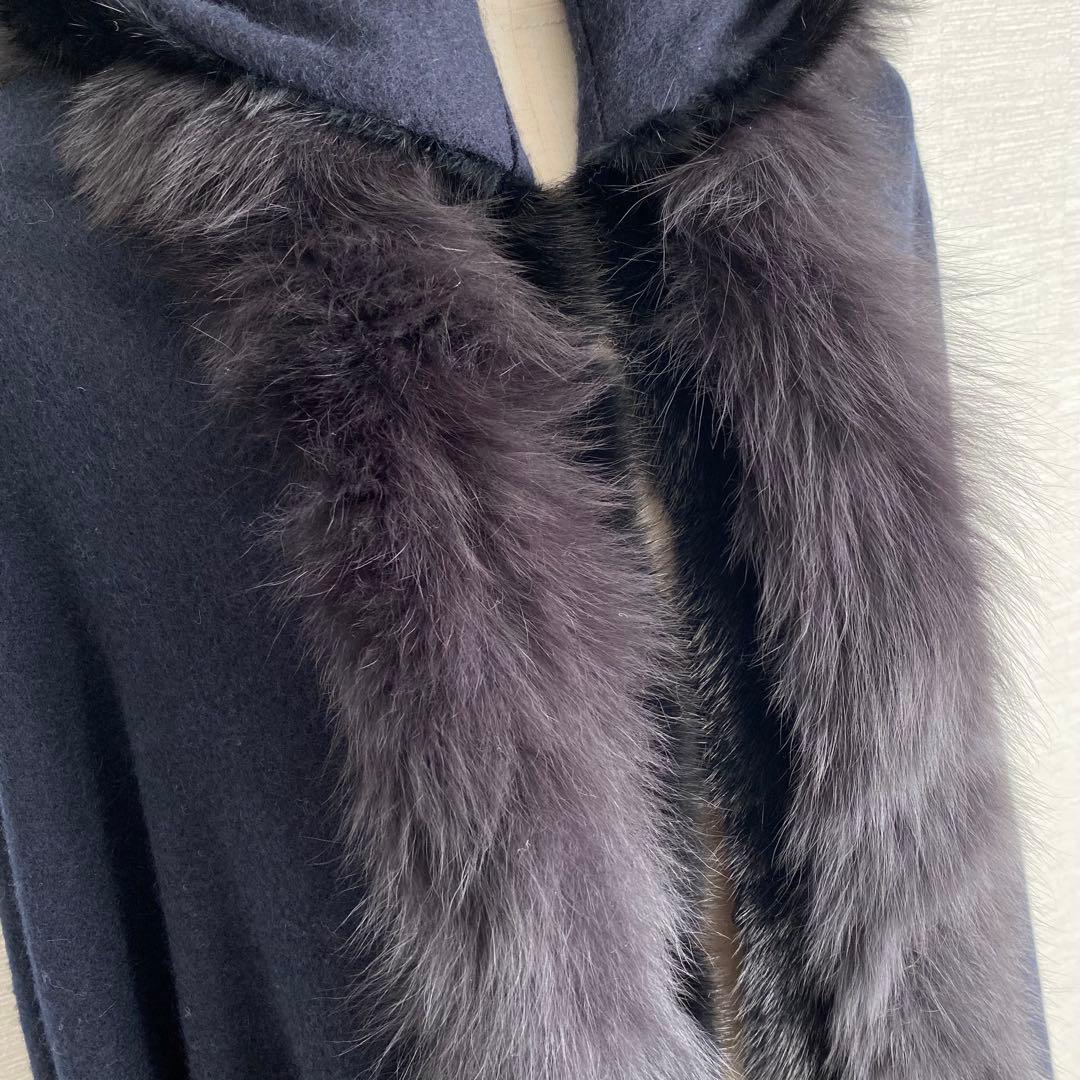 未使用 ティエドゥール ミンク＆フォックス トリミング カシミヤ フード付ケープ