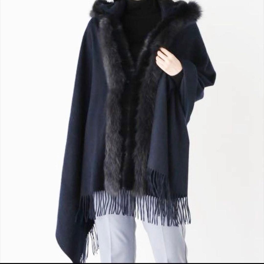 未使用 ティエドゥール ミンク＆フォックス トリミング カシミヤ フード付ケープ