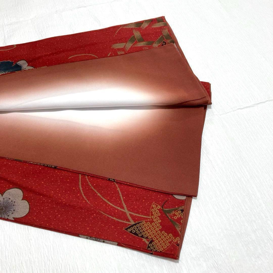 【美品✨】撫松庵　洗える着物　小紋　深緋色　イチョウ　梅　編み籠文様　O2