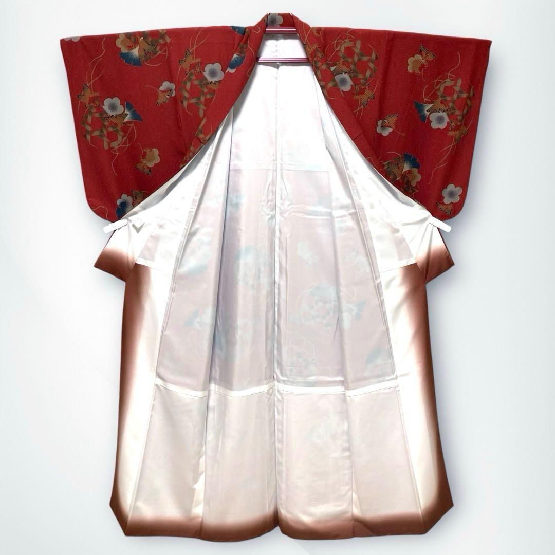 【美品✨】撫松庵　洗える着物　小紋　深緋色　イチョウ　梅　編み籠文様　O2