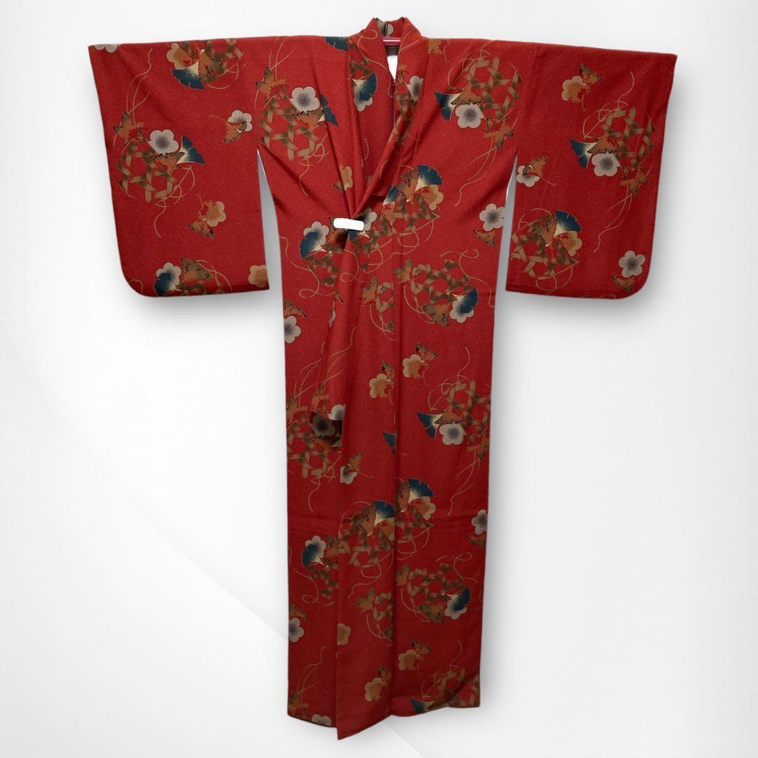 【美品✨】撫松庵　洗える着物　小紋　深緋色　イチョウ　梅　編み籠文様　O2