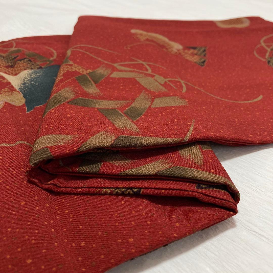 【美品✨】撫松庵　洗える着物　小紋　深緋色　イチョウ　梅　編み籠文様　O2