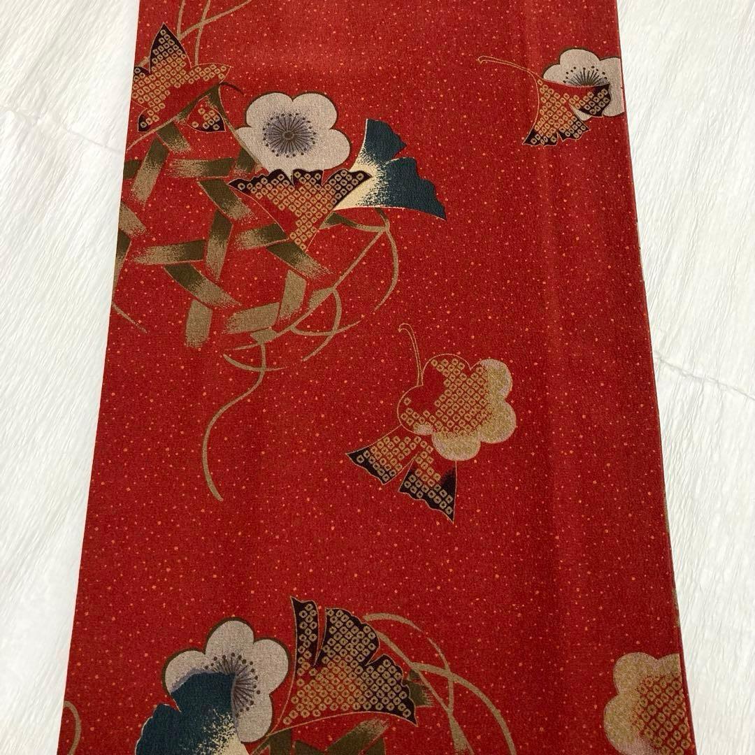 【美品✨】撫松庵　洗える着物　小紋　深緋色　イチョウ　梅　編み籠文様　O2