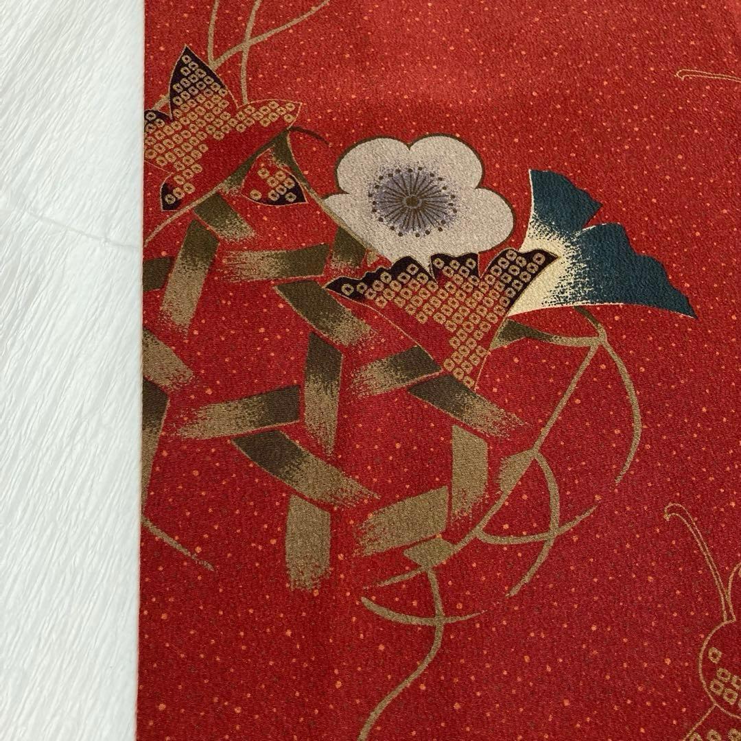 【美品✨】撫松庵　洗える着物　小紋　深緋色　イチョウ　梅　編み籠文様　O2