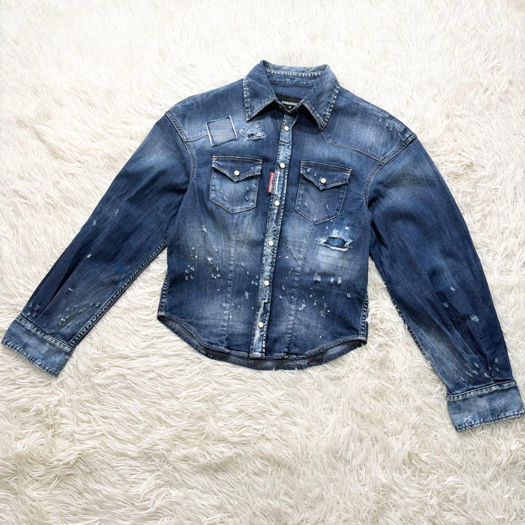 ✨美品✨ディースクエアード　ダメージ加工デニムシャツ　ショート丈　イタリア製