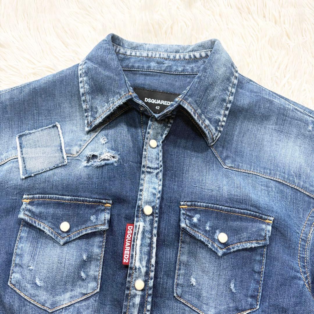 ✨美品✨ディースクエアード　ダメージ加工デニムシャツ　ショート丈　イタリア製