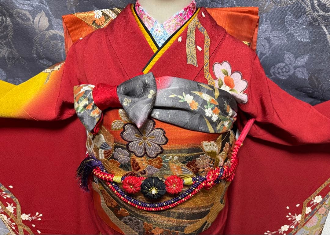 正絹振袖2着（赤系＆黄色系）★フルセット★金彩