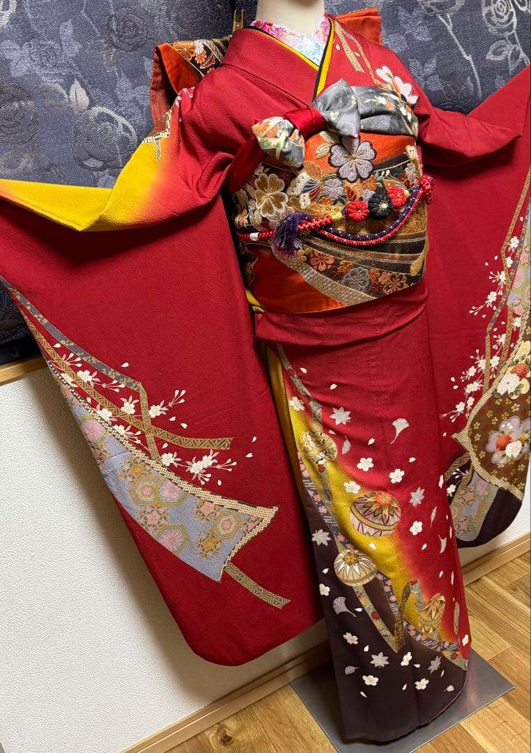 正絹振袖2着（赤系＆黄色系）★フルセット★金彩