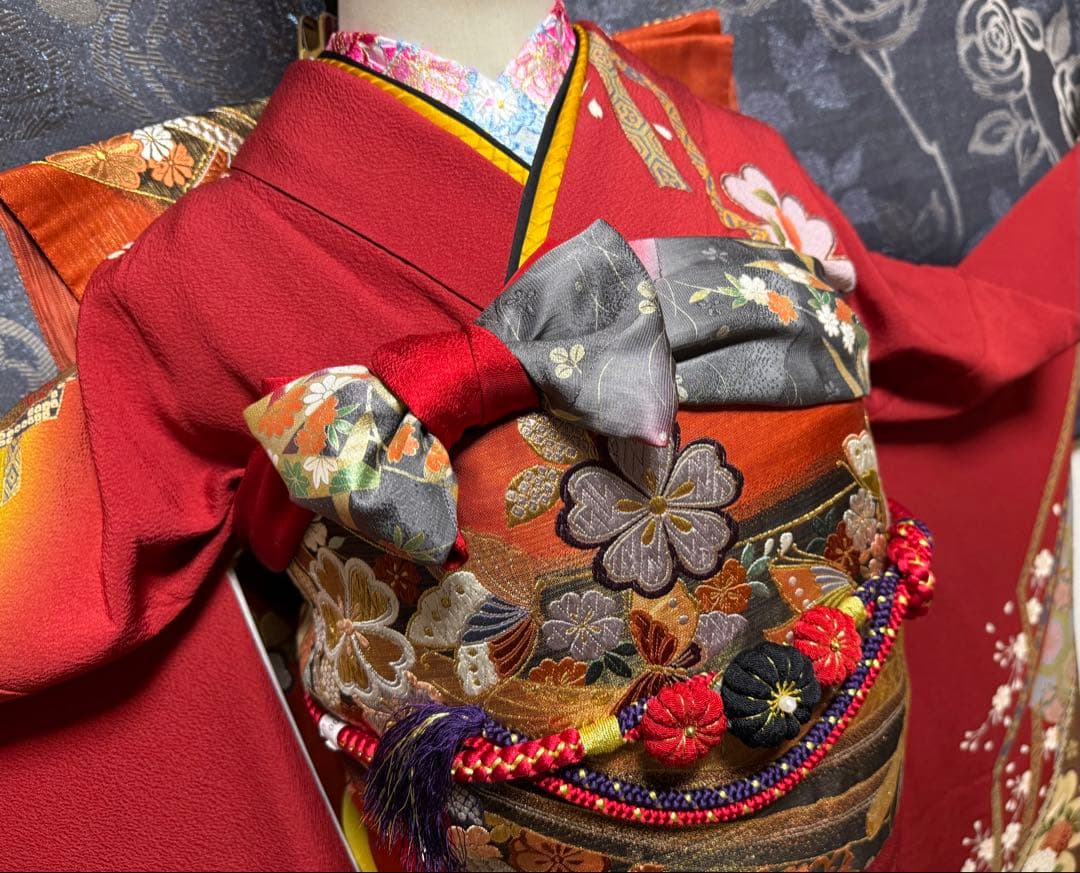 正絹振袖2着（赤系＆黄色系）★フルセット★金彩