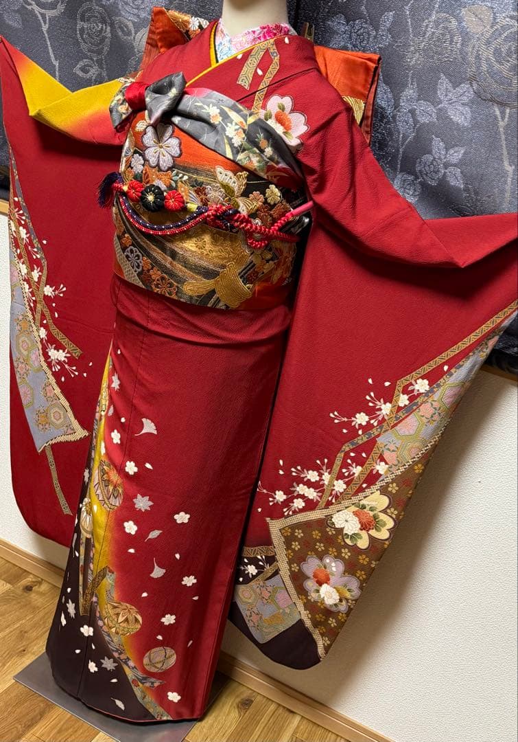 正絹振袖2着（赤系＆黄色系）★フルセット★金彩