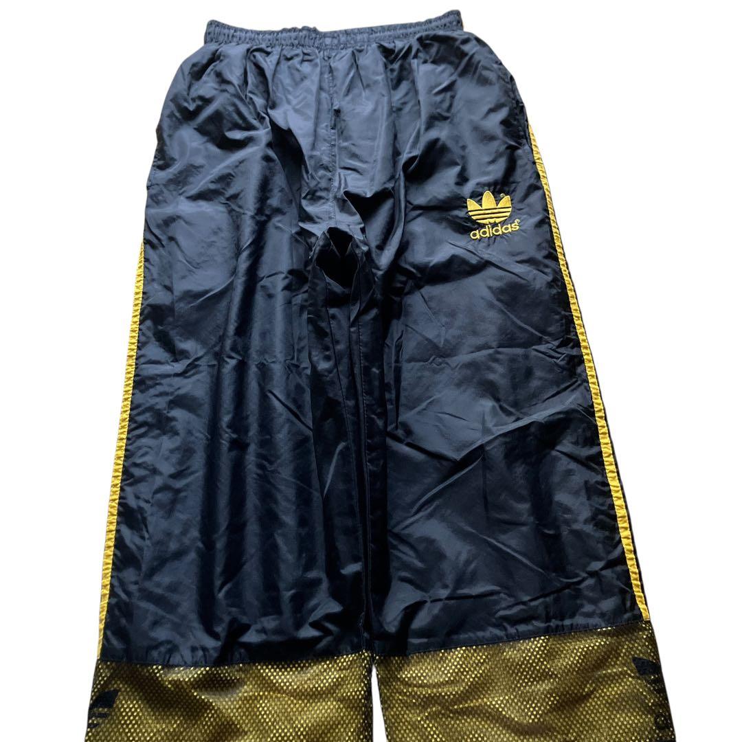 極太90s old adidas 豪華刺繍 バギーナイロントラックパンツ 黒 黄