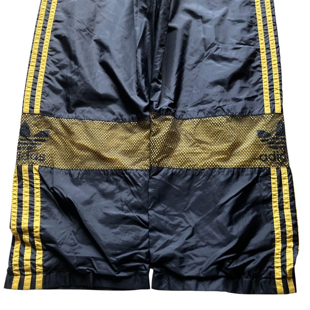 極太90s old adidas 豪華刺繍 バギーナイロントラックパンツ 黒 黄