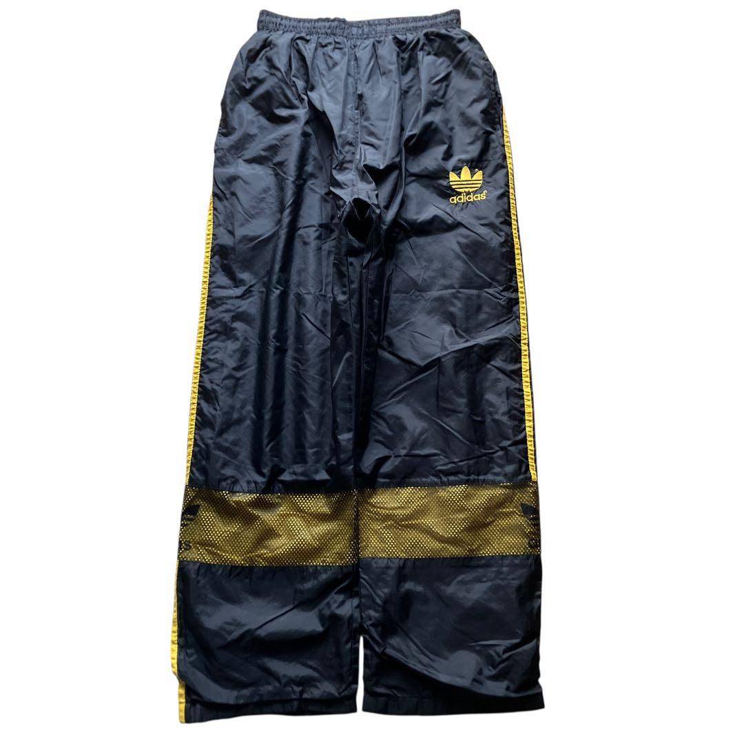 極太90s old adidas 豪華刺繍 バギーナイロントラックパンツ 黒 黄