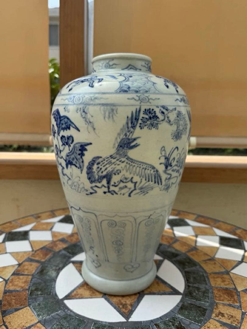 古美術　安南焼　ベトナム　鳥紋　染付　花瓶　壺　陶磁器　骨董
