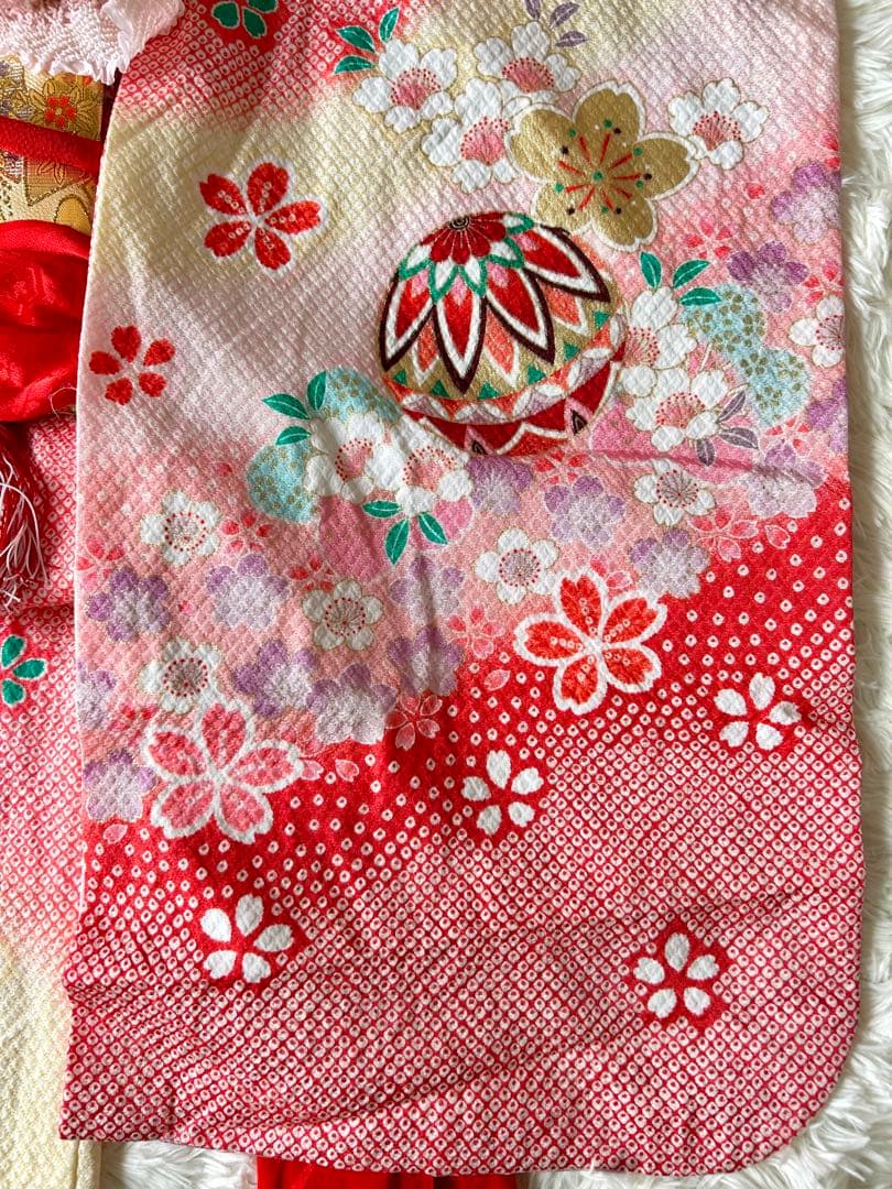 七五三 赤とピンクの花柄着物 作り帯 はこせこセット ７歳
