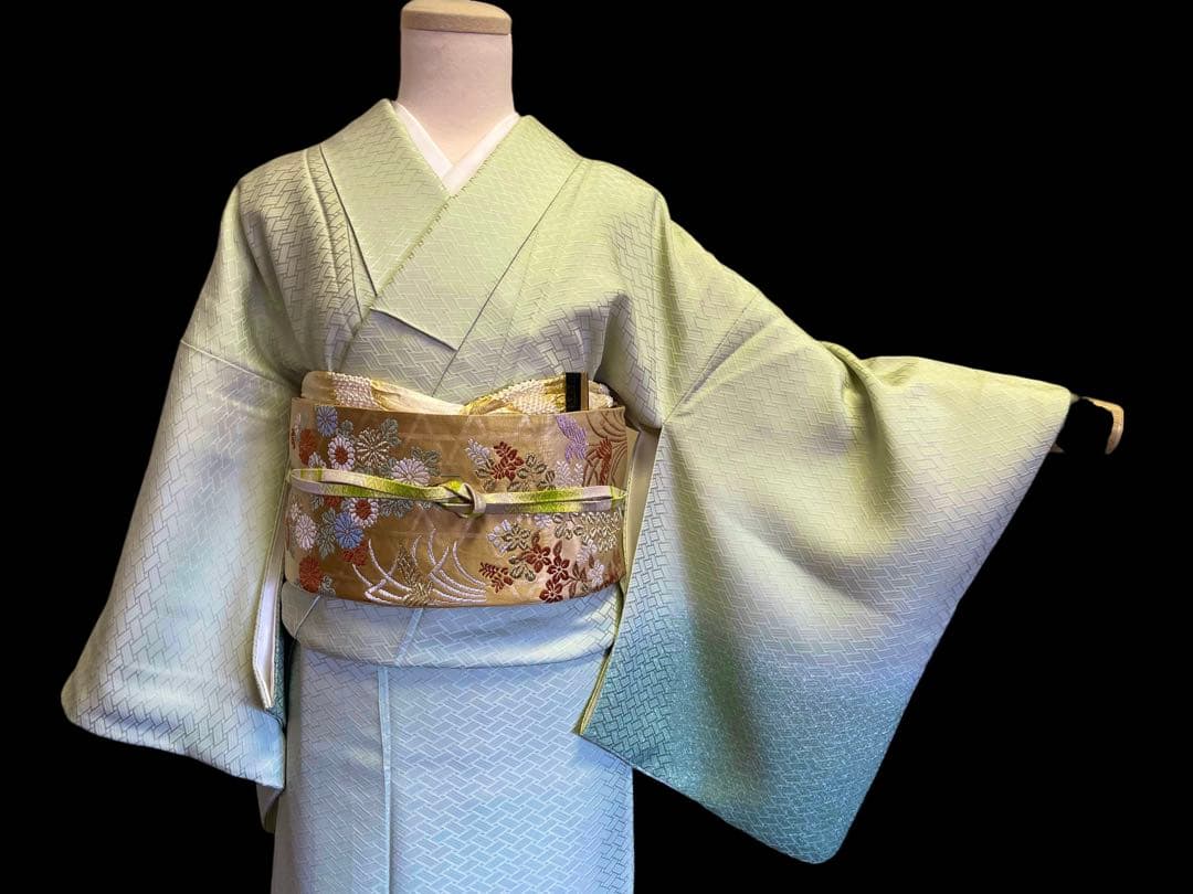 着物 礼装 正絹 色無地 暈し 早春の黄緑色 4点フルセット S〜Mサイズ