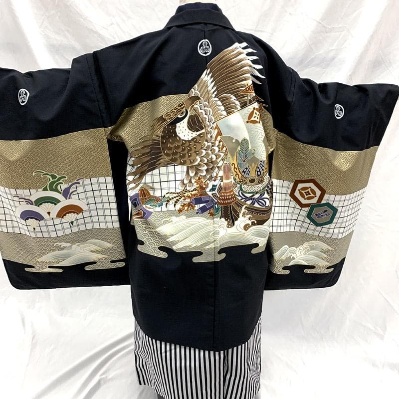 507ab16■七五三 五歳 男児 着物&羽織&袴&角帯 五つ紋 鷹 ■美品