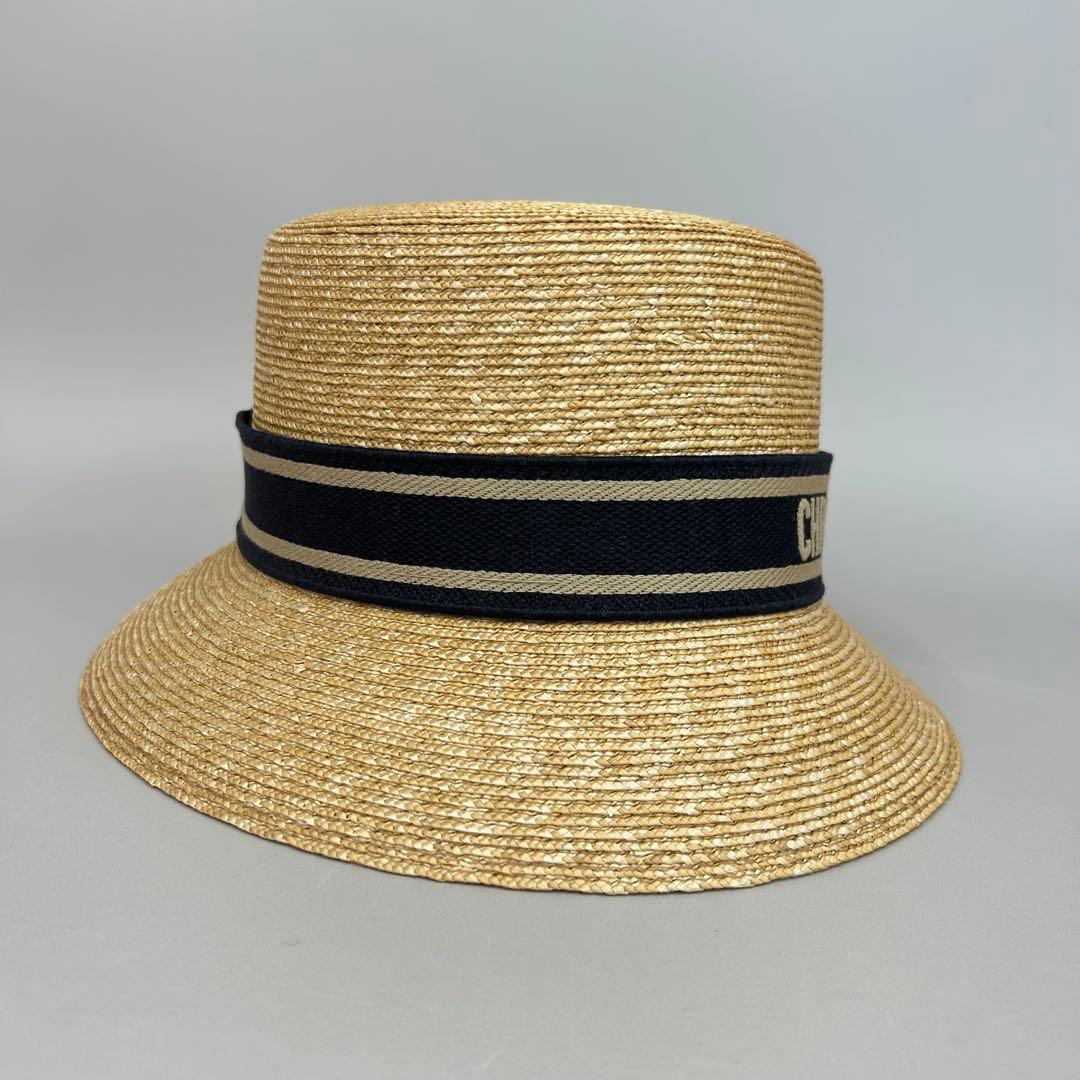 ディオール ロゴ ストローハット 麦わら 帽子 リボン ネイビー 56