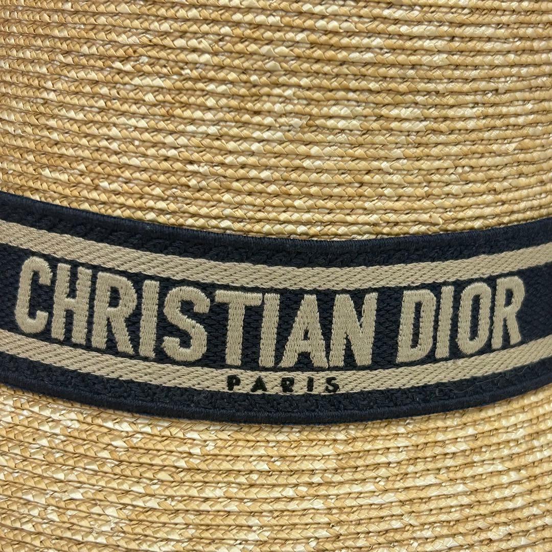 ディオール ロゴ ストローハット 麦わら 帽子 リボン ネイビー 56