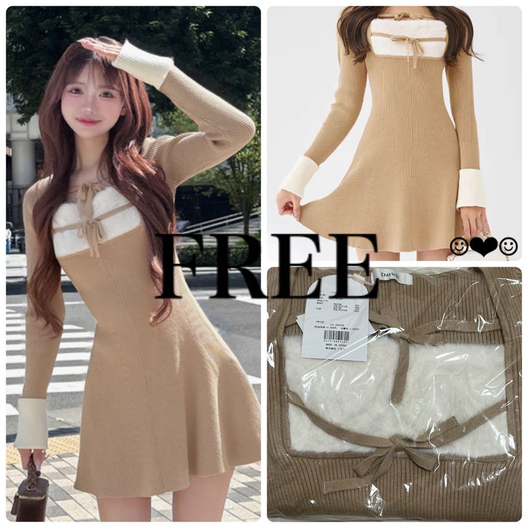 Darich♡リボンファーフレアニットミニワンピース♡ベージュ♡FREE