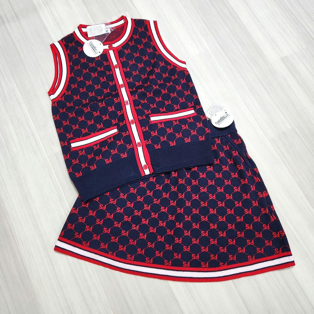 新品未使用☆sandie☆ゴルフ総ロゴニットベストスカートセットアップ紺赤上下M
