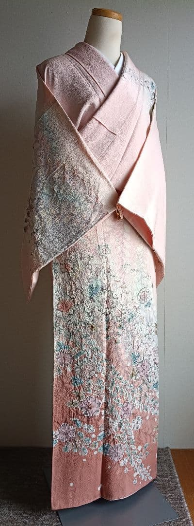 辻が花 訪問着落款 ピンク 花柄 絹 26B1