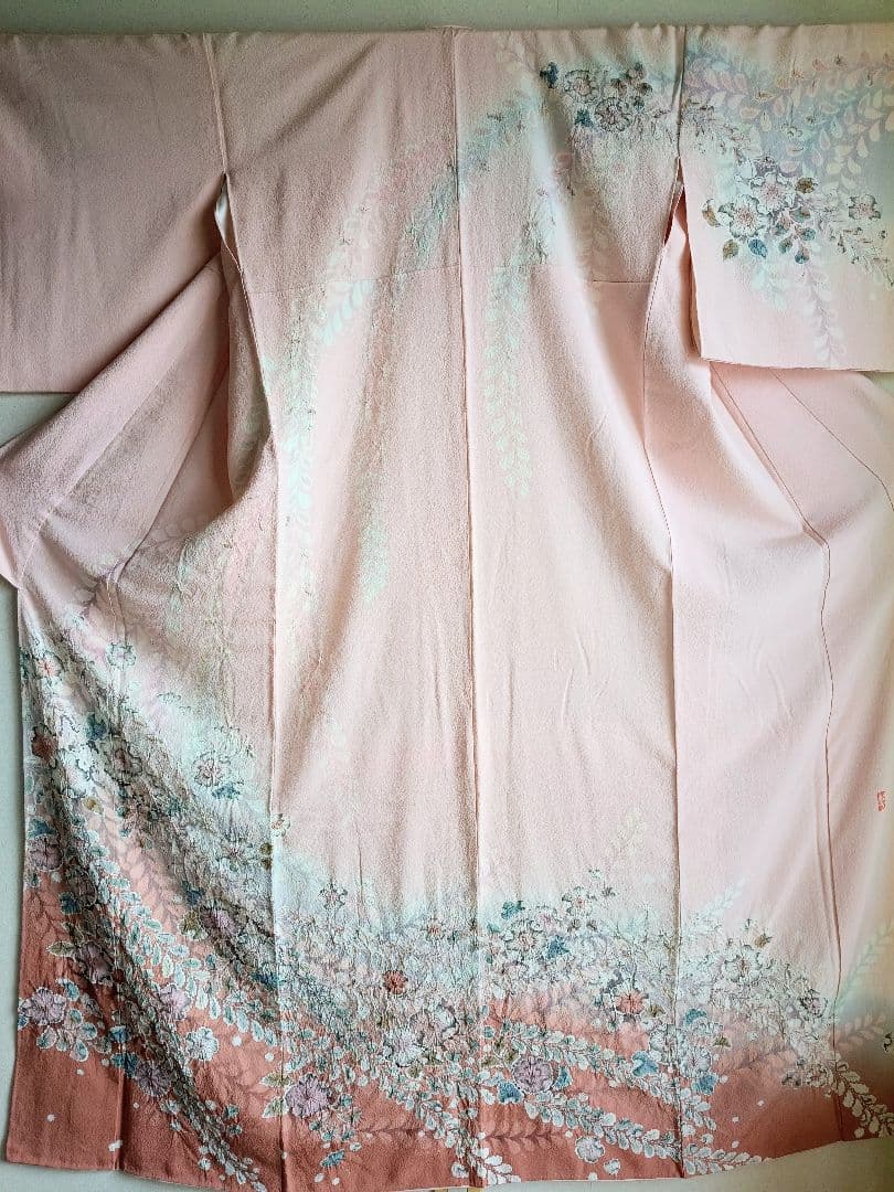 辻が花 訪問着落款 ピンク 花柄 絹 26B1